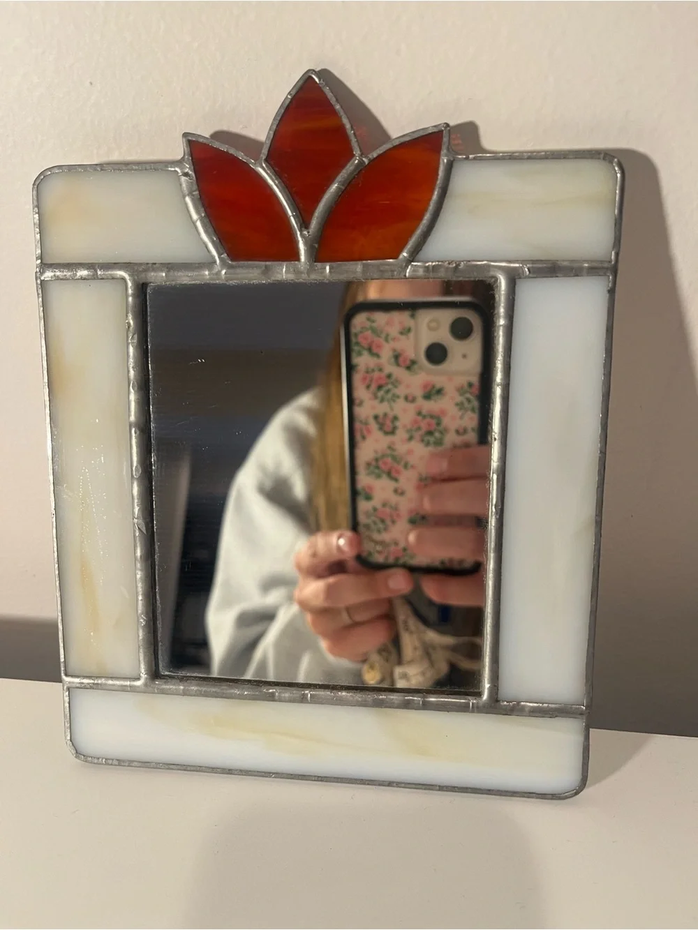 Stained Glass Mirror with Red Floral Accent